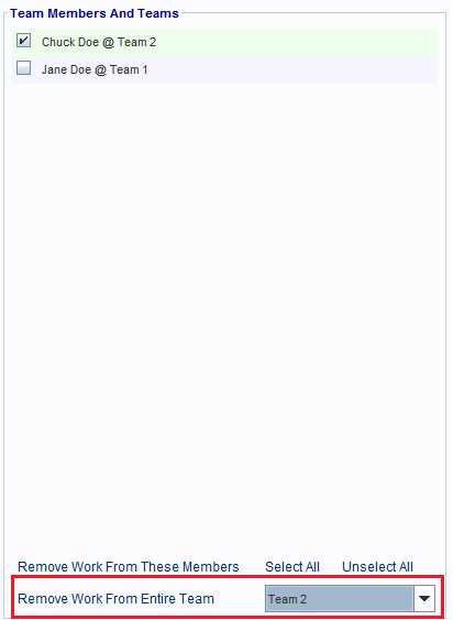 Remove all of the selected Team's Members from the selected work assignment record.