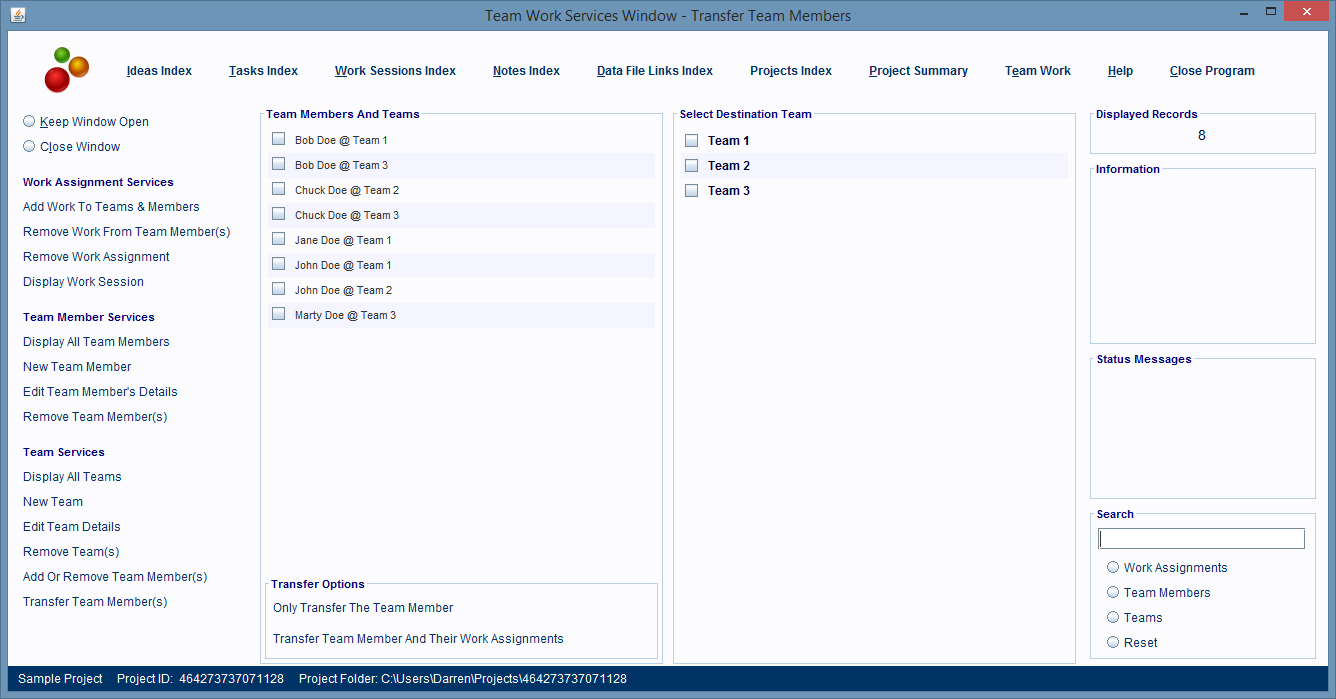 Transfer Team Member(s) feature's panels.