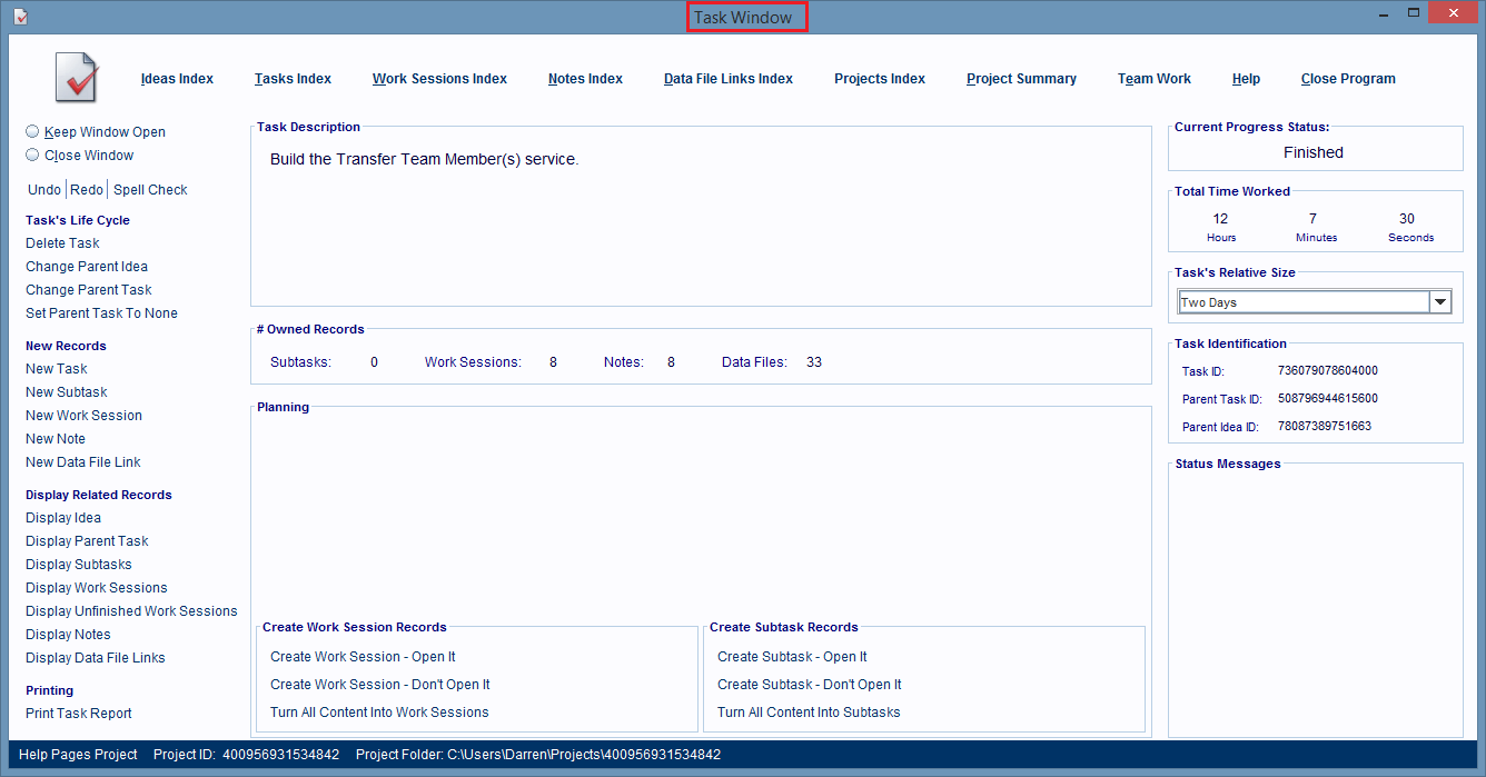 The Subtask record belonging to a double clicked record entry is displayed in the Tasks Window.