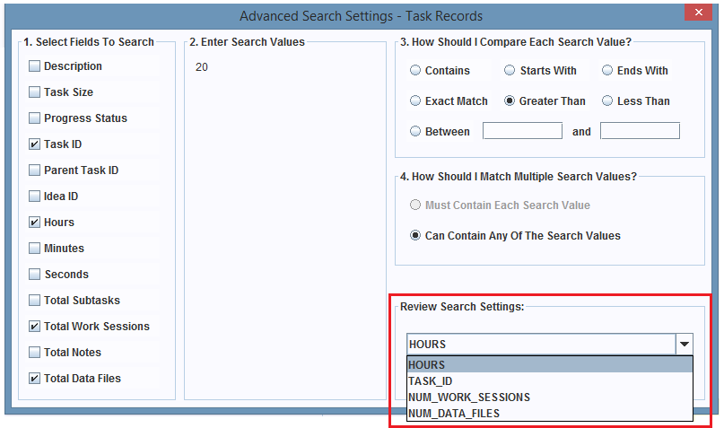 Review Search Settings combo box.