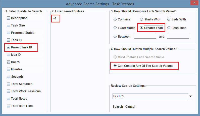 Search configuration for the Parent Task ID field.