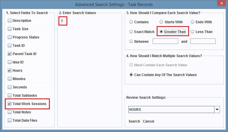 Search configuration for the Total Work Sessions field.