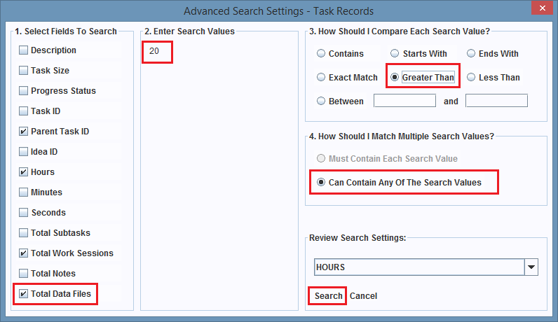 Search configuration for the Total Data Files field.