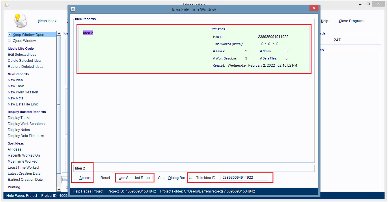 Use the Select Idea dialog box to locate and select the new parent Idea record.