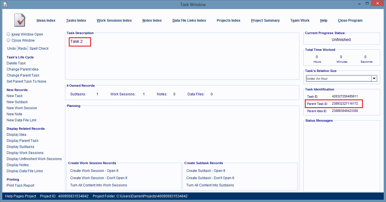 The Task Window is now showing the parent task's ID.