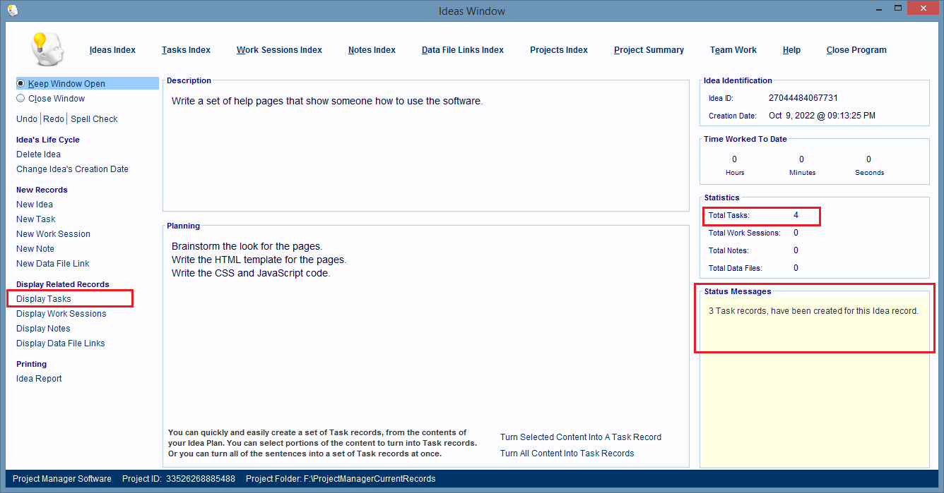 The task records are created and the Ideas Window shows the new total tasks value.