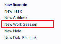 Set of hyperlinks with the New Work Session hyperlink circled.