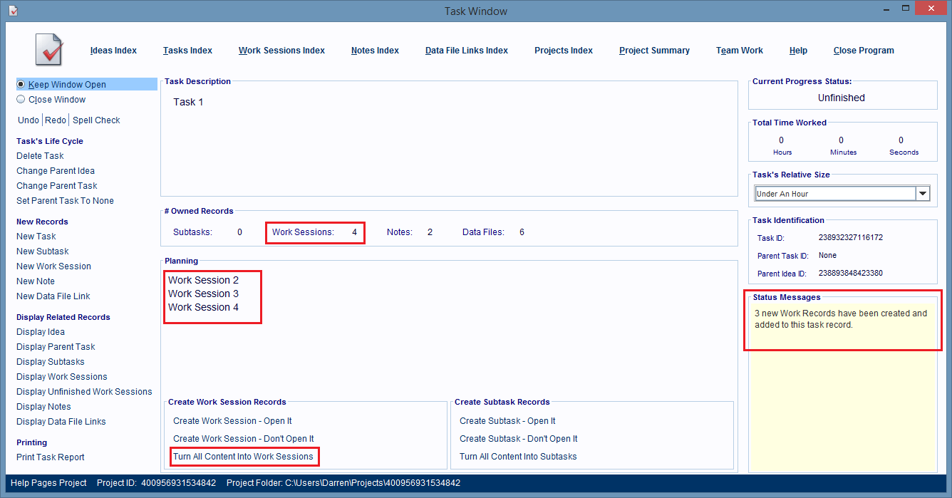 Click the Turn All Content Into Work Sessions hyperlink to create 
                        work session records from all the paragraphs in the Planning field.