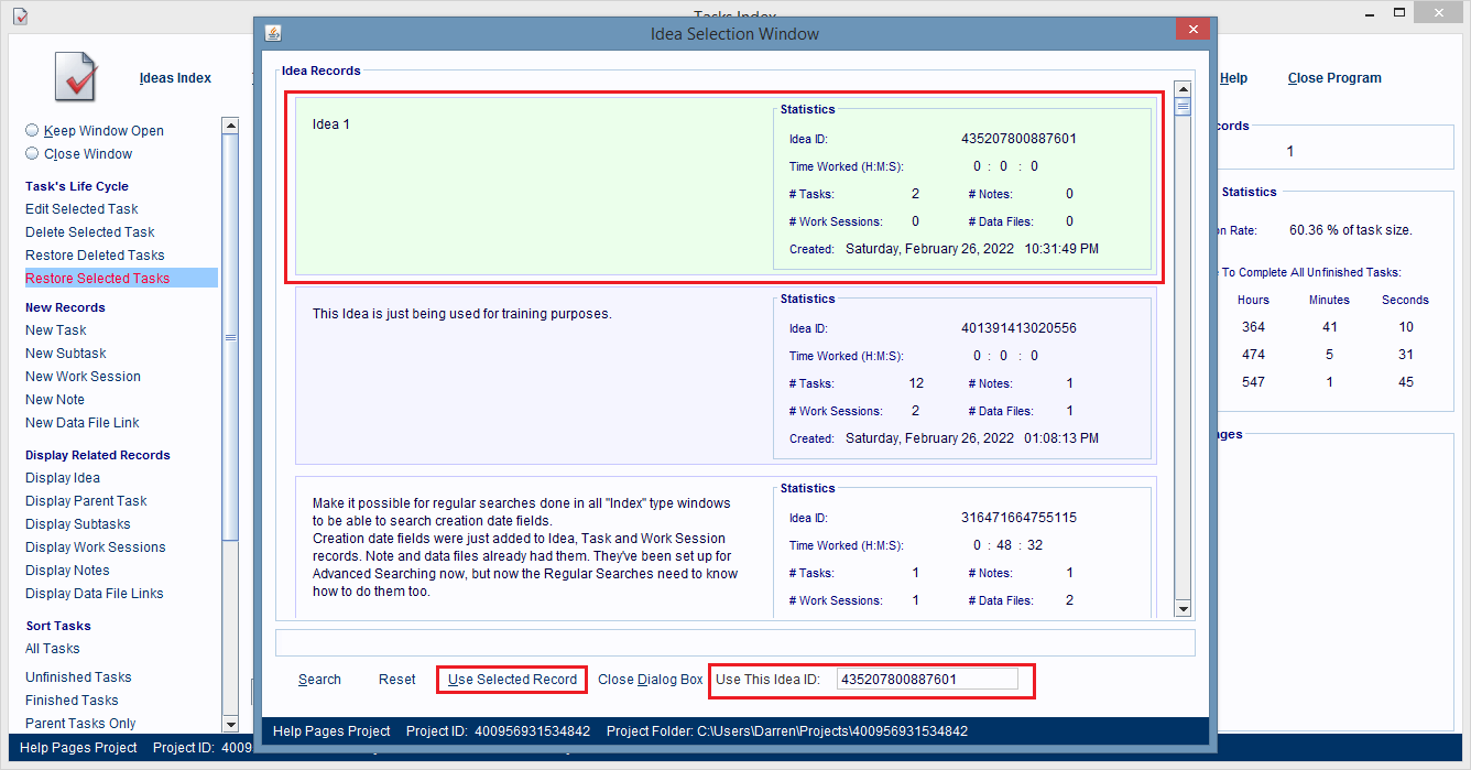 The Select Type Of Parent dialog box asks you what type of record, Idea or Task you want to restore the deleted task to.