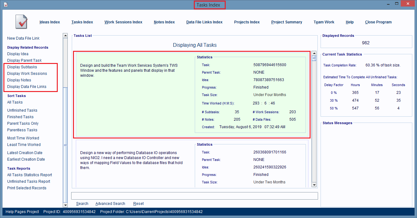 Tasks Index Window with the Display... hyperlinks for the task's child records circled.