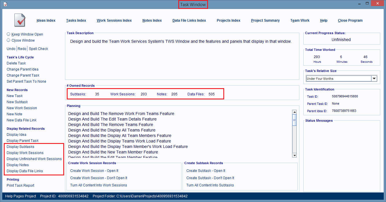 Task Window with the Display... hyperlinks for the task's child records circled.