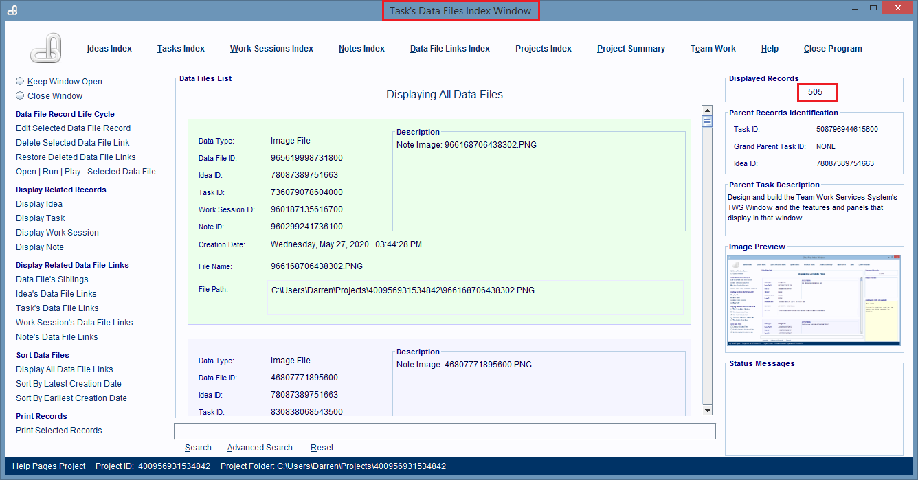 Task's Data Files Index Window is displaying records, with one of the records being selected.