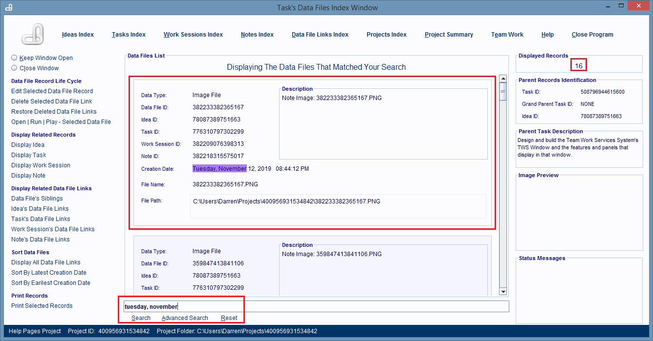 Task's Data Files Index Window.