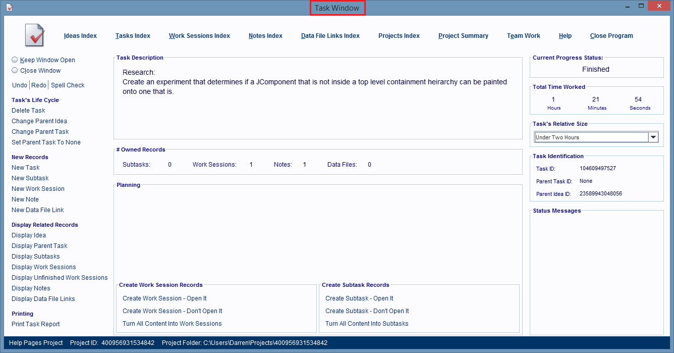 This Task Window is displaying a task that was loaded by double clicking on a Task Record Entry in an Index window.