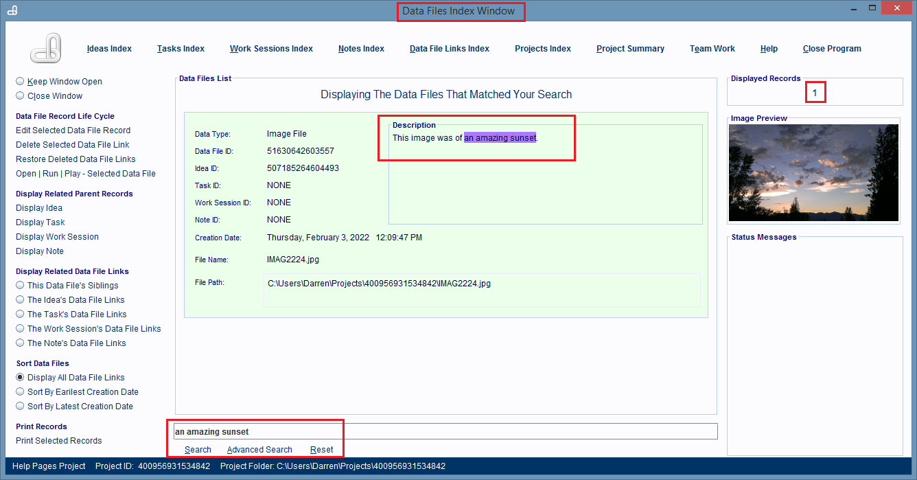 A keyword search for a computer file.