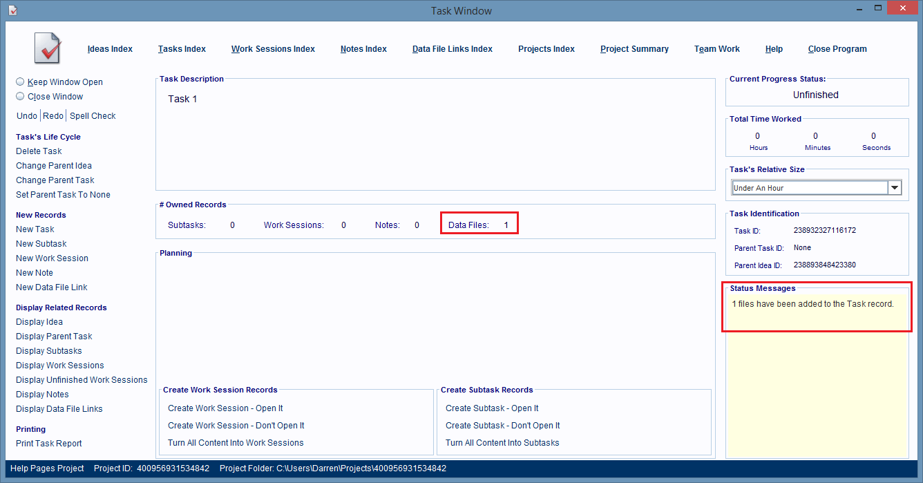 The Task Window tells you how many data files were linked to it.