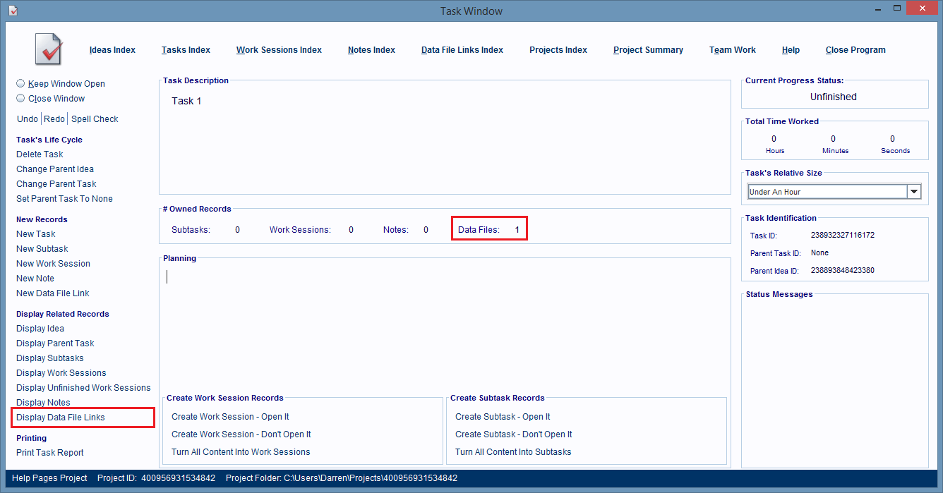 Click the Display Data File Links hyperlink to see all the files linked to the Task record.