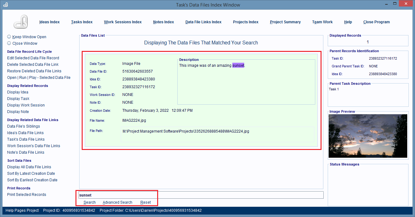 The Task's Data File Links window.