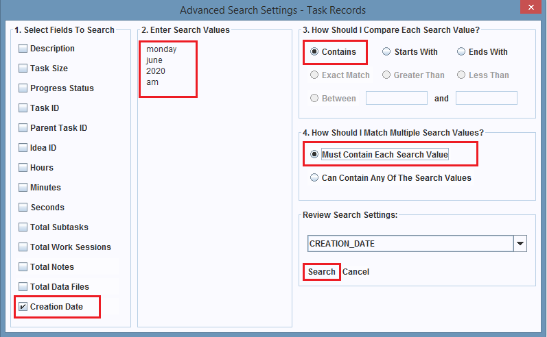 The Advanced Search dialog box is configuring a search on the Creation Date field of a Task record.