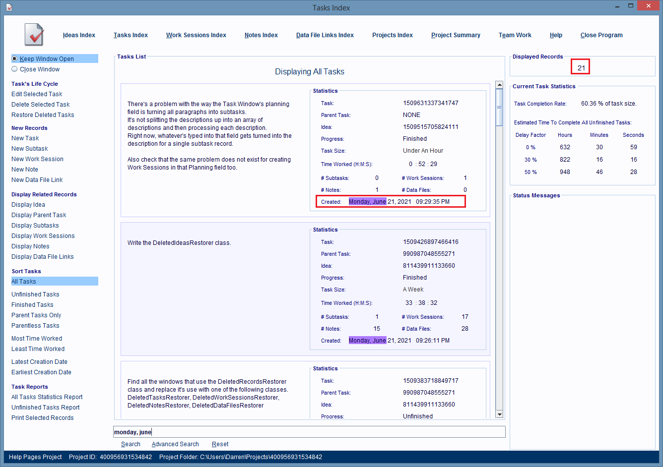 Tasks Index Window displaying matching records.