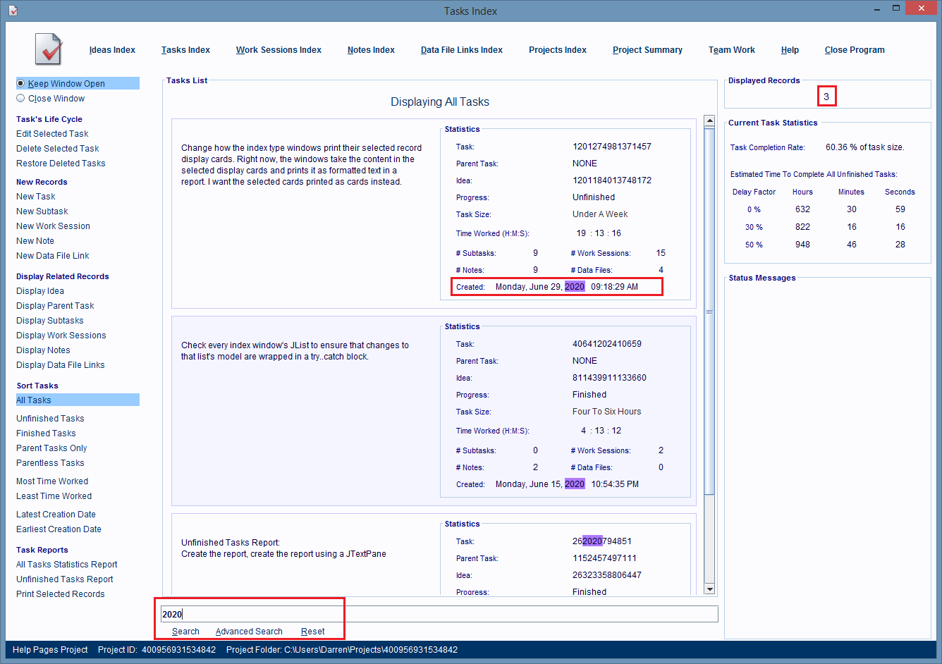 Tasks Index Window displaying matching records for 2020 search.