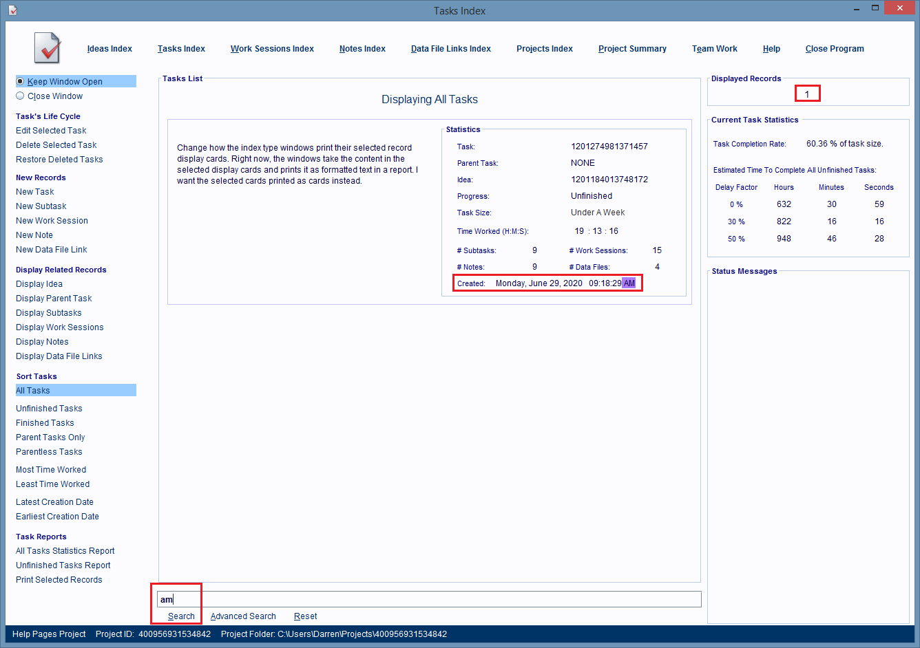 Tasks Index Window displaying matching records for AM search.