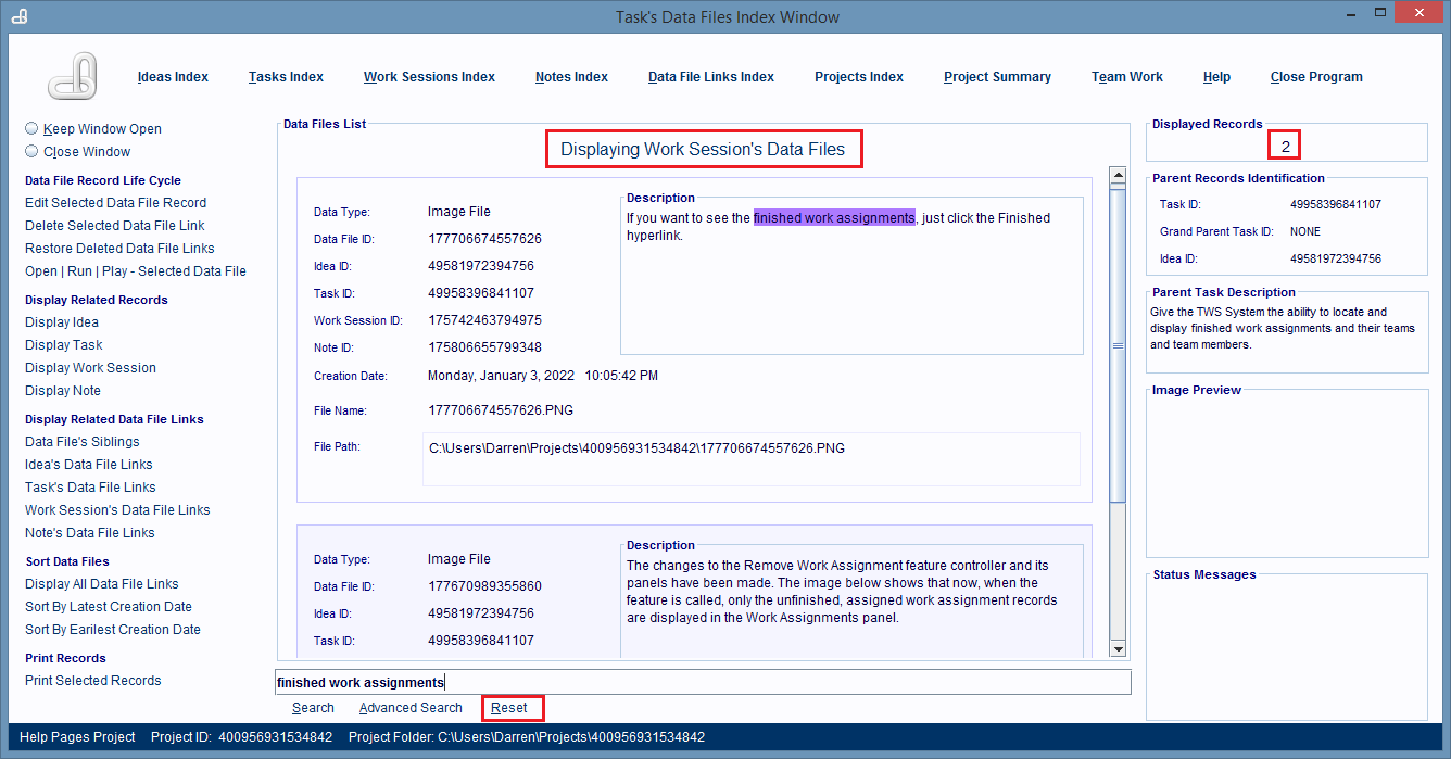 Displaying a parent task's Data File records.