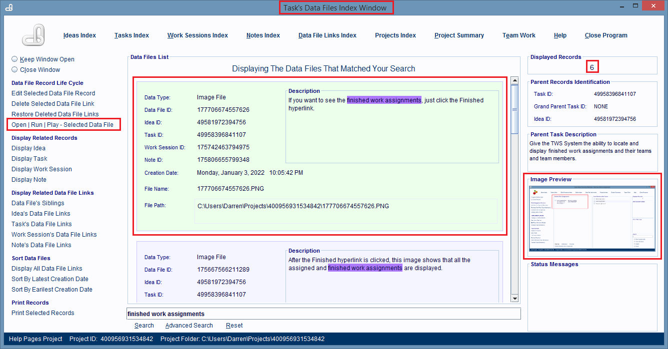 Double click on a record entry to open and display its linked computer file's contents.