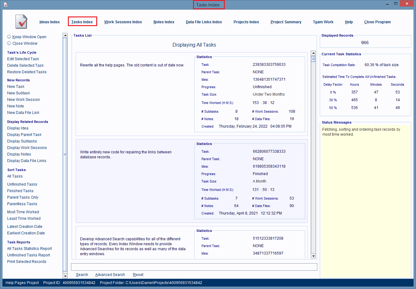 The Tasks Index Window