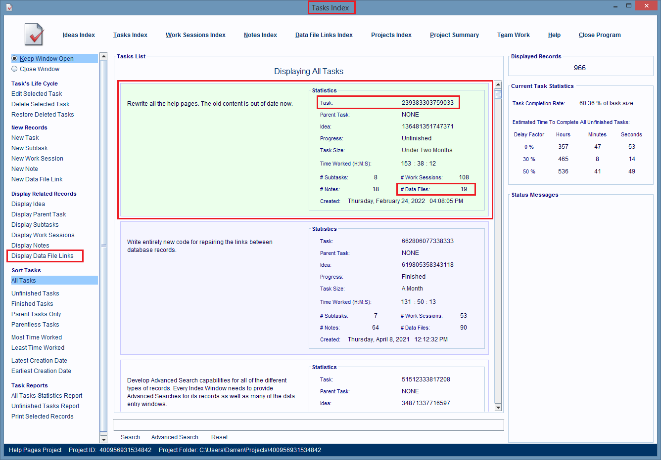 Single click on a Record Entry Card to select it, and then click on a hyperlink to do something with, or to that record's task.