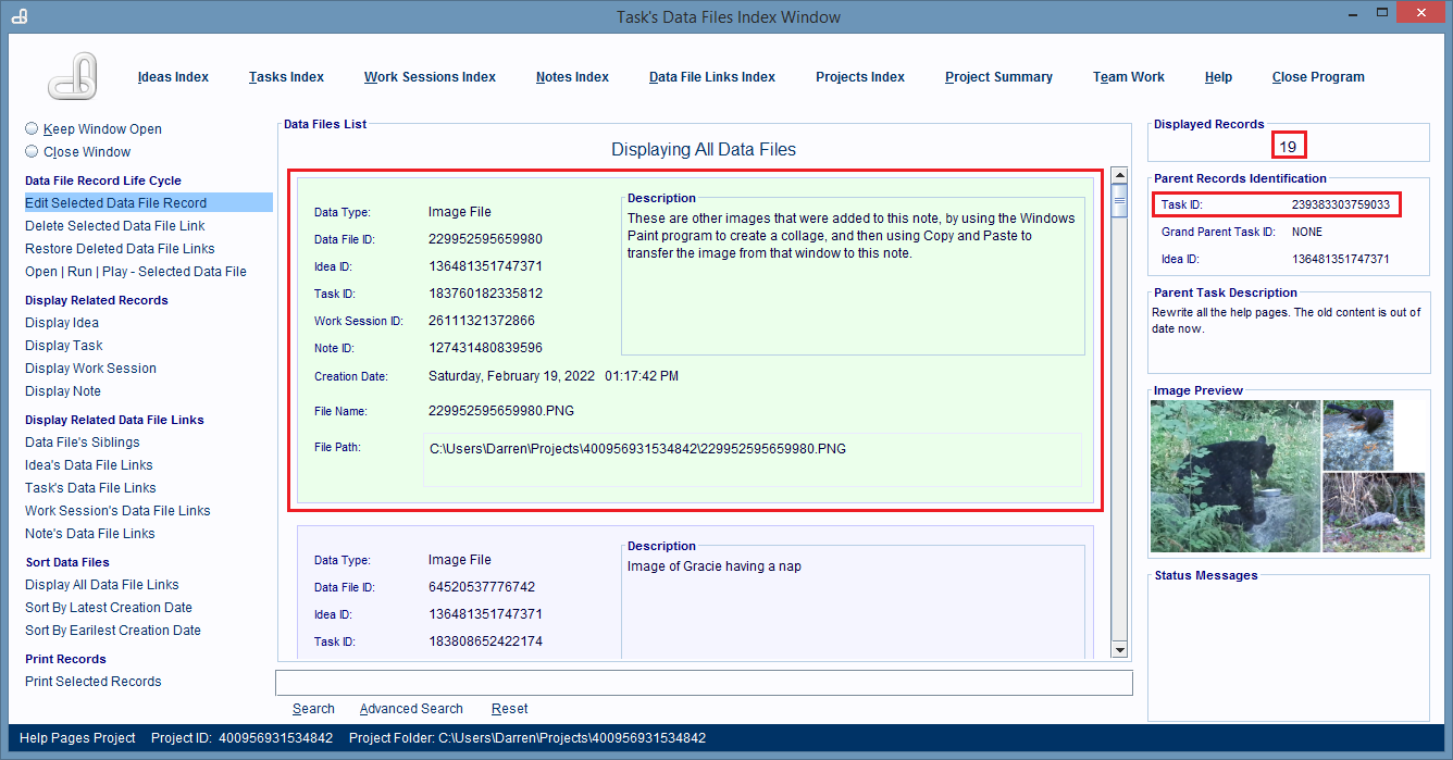 The Task's Data Files Index Window displaying a list of all the computer files linked to the task.