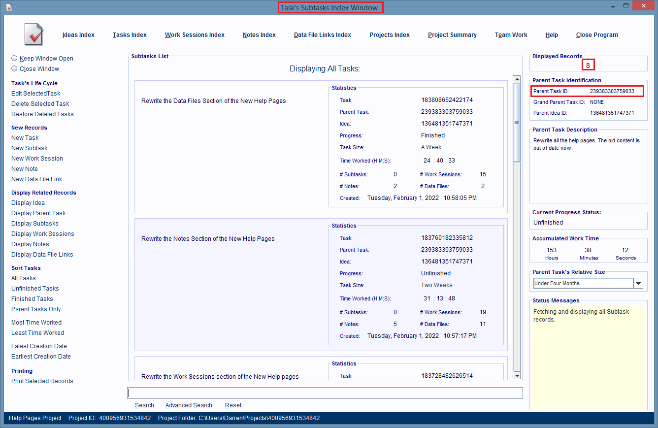 A Task's Subtasks Index Window