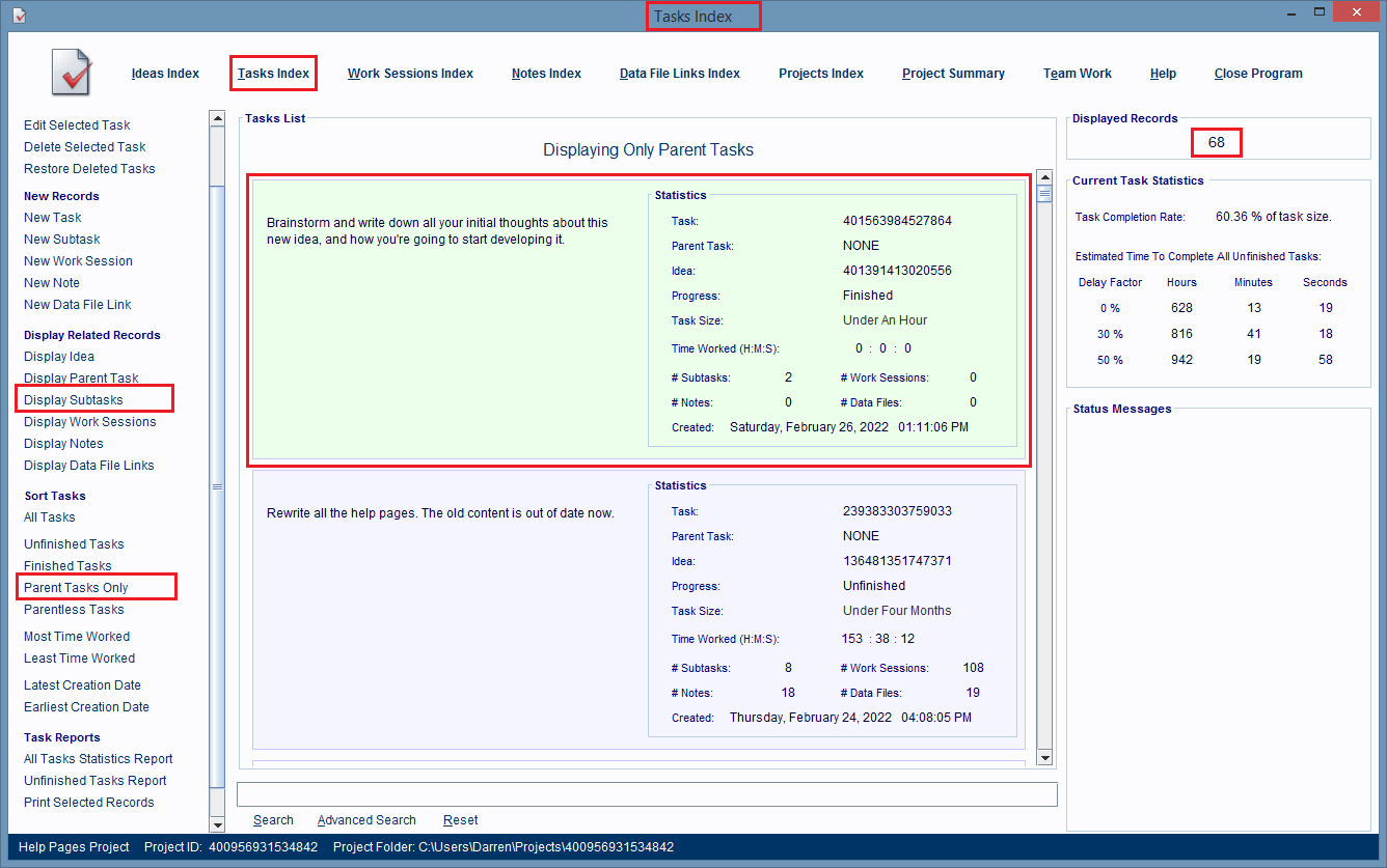 A Tasks Index Window being used to display a parent task's list of subtask records.