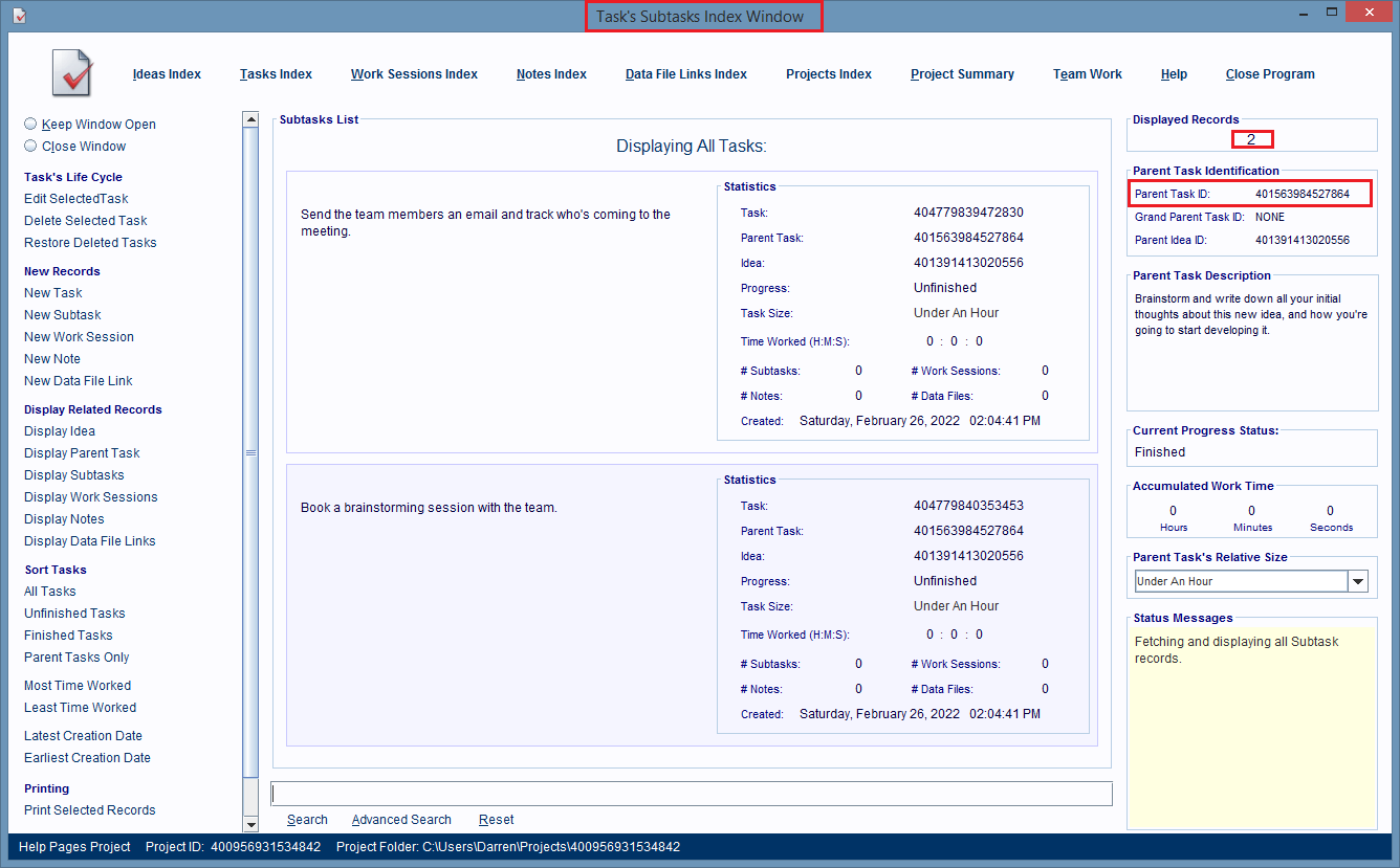 A Tasks Subtasks Index Window is displaying the parent task's subtask records.