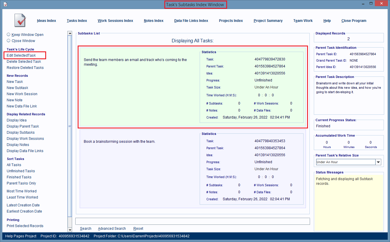 A Tasks Subtasks Index Window is displaying a selected record.