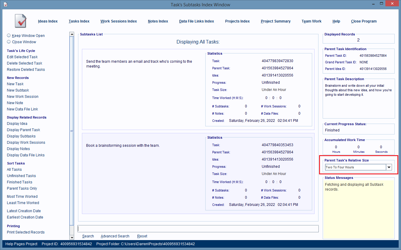 The Parent Task's Relative Size panel.