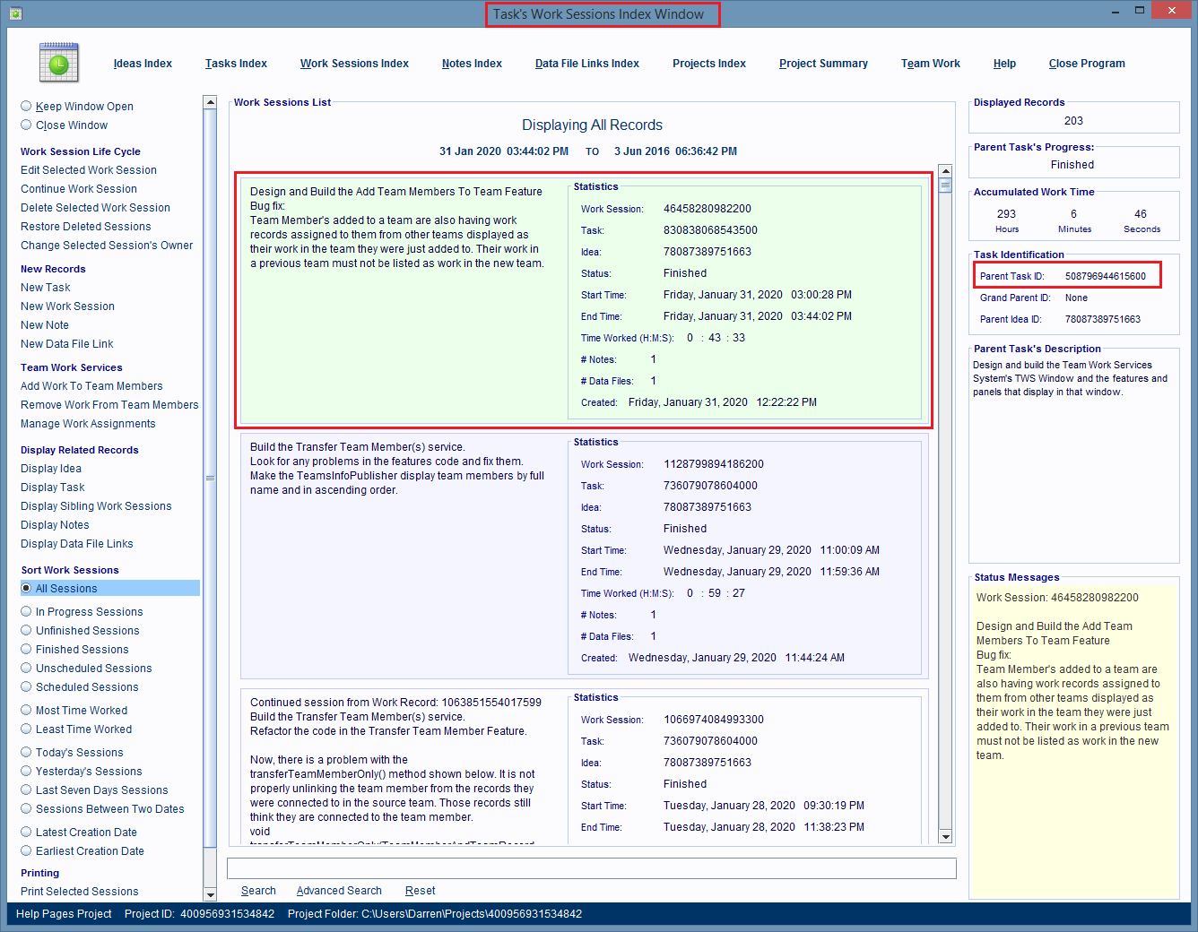 Task's Work Sessions Index Window