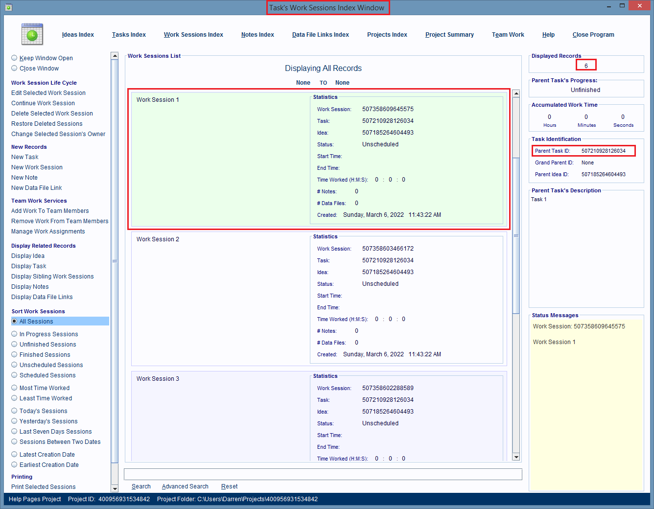 Task's Work Sessions Index Window is displaying all the parent task's linked Work Sessions.