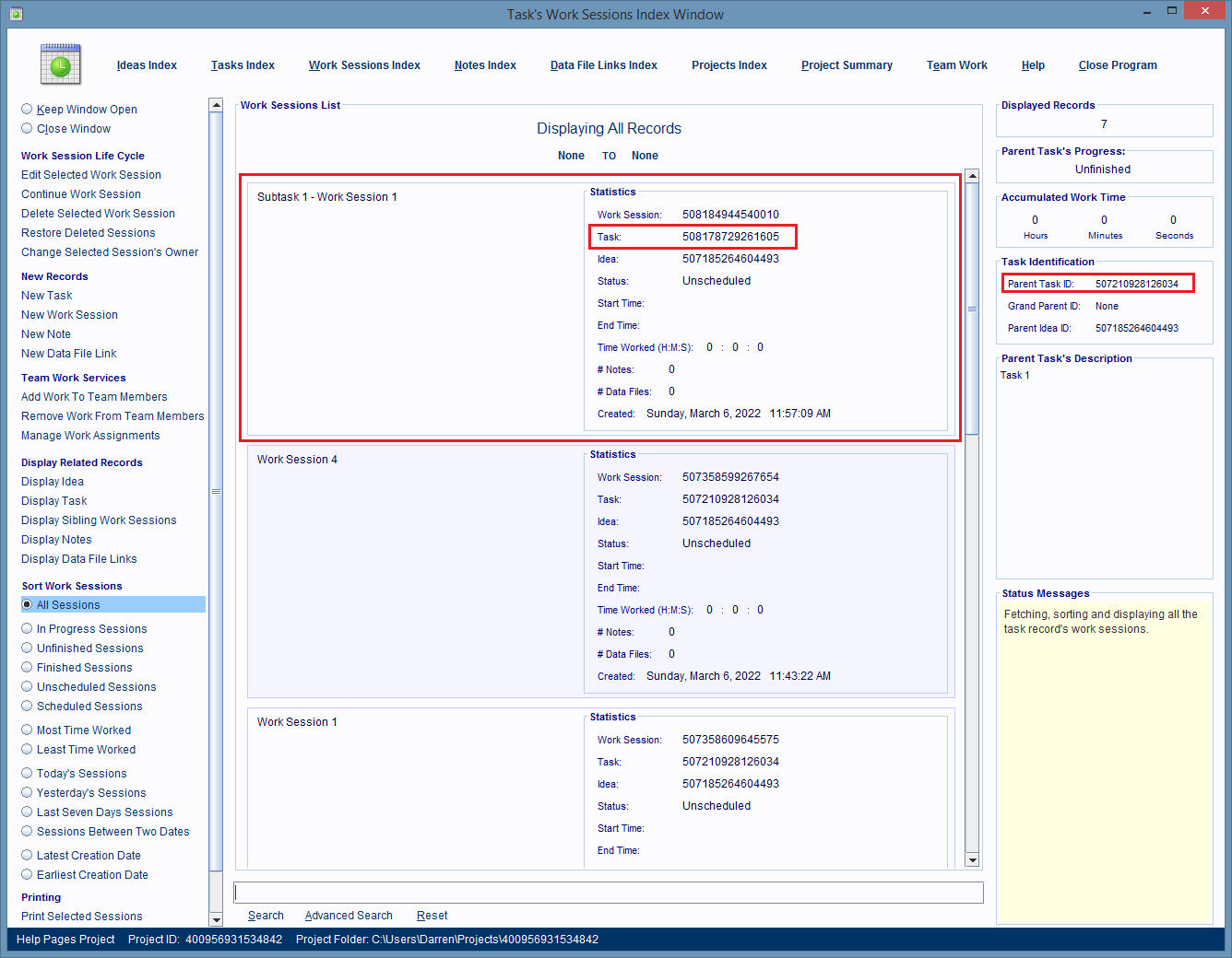 The first Work Session in this window, is linked to one of this window's task's subtasks.