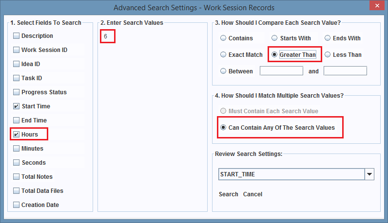 Search configuration for the Hours field.