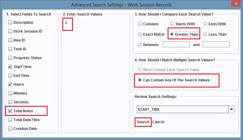 Search configuration for the Total Notes field.