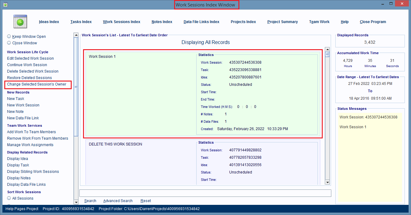 Select the Work Session record in the Index Window, before you click the hyperlink.