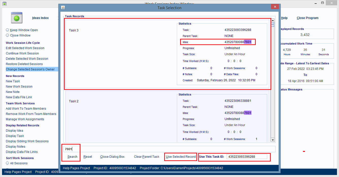 Search and select the new parent task record to link the Work Session and its child records to.