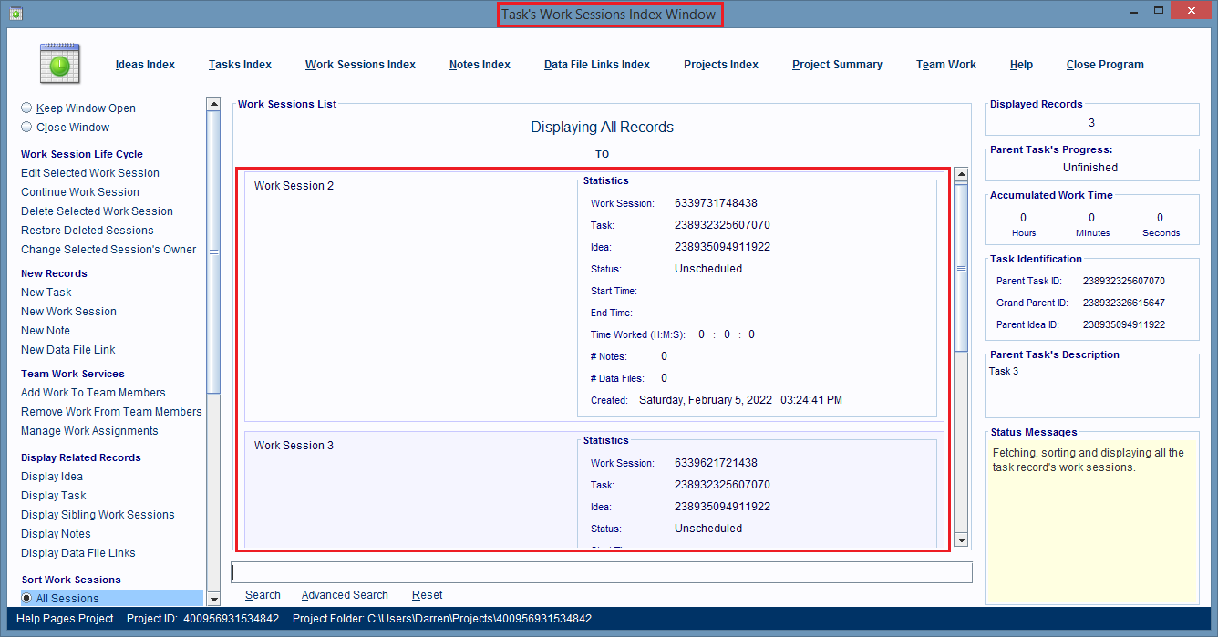 The Task's Work Sessions Index window is displaying all the task's work session records.