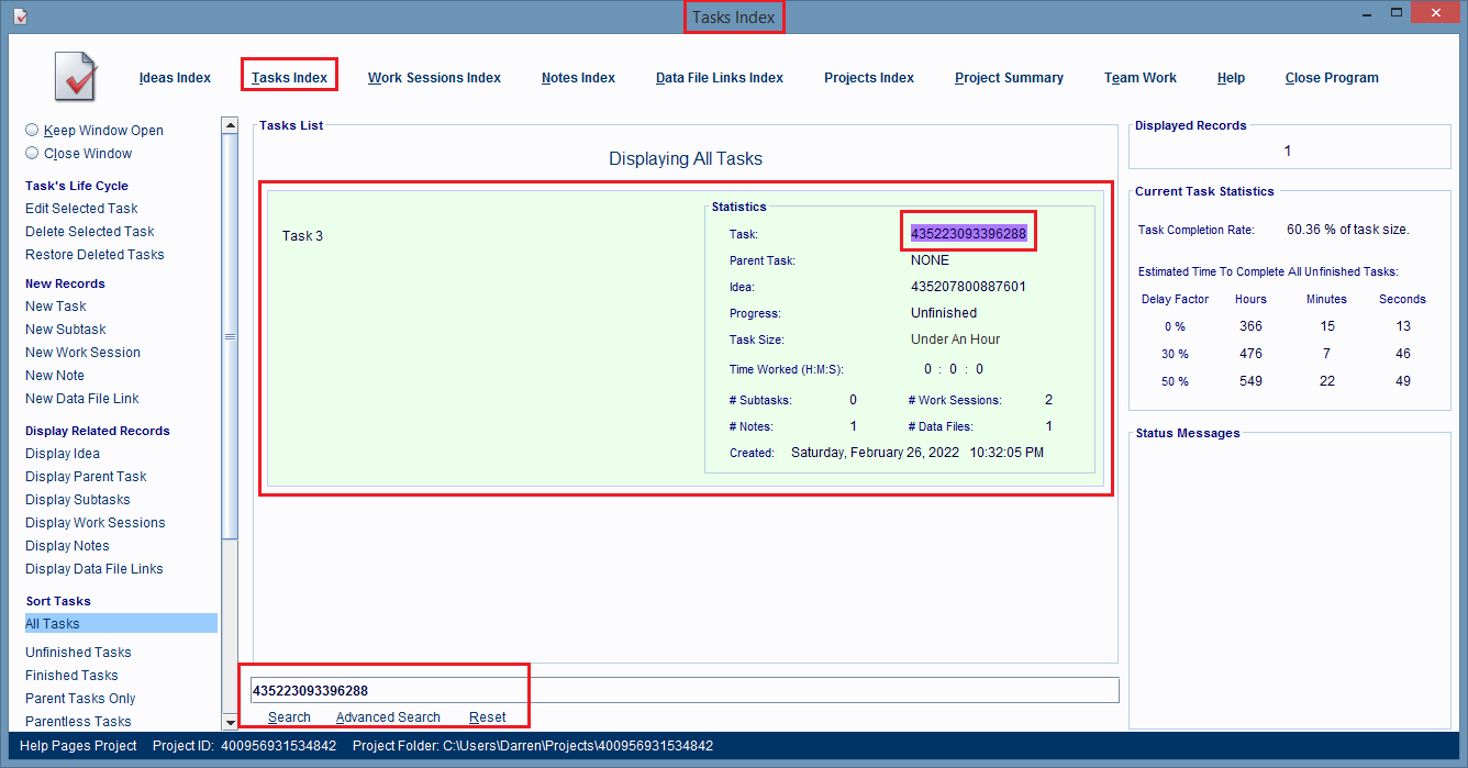 The Tasks Index Window with a Task record selected.