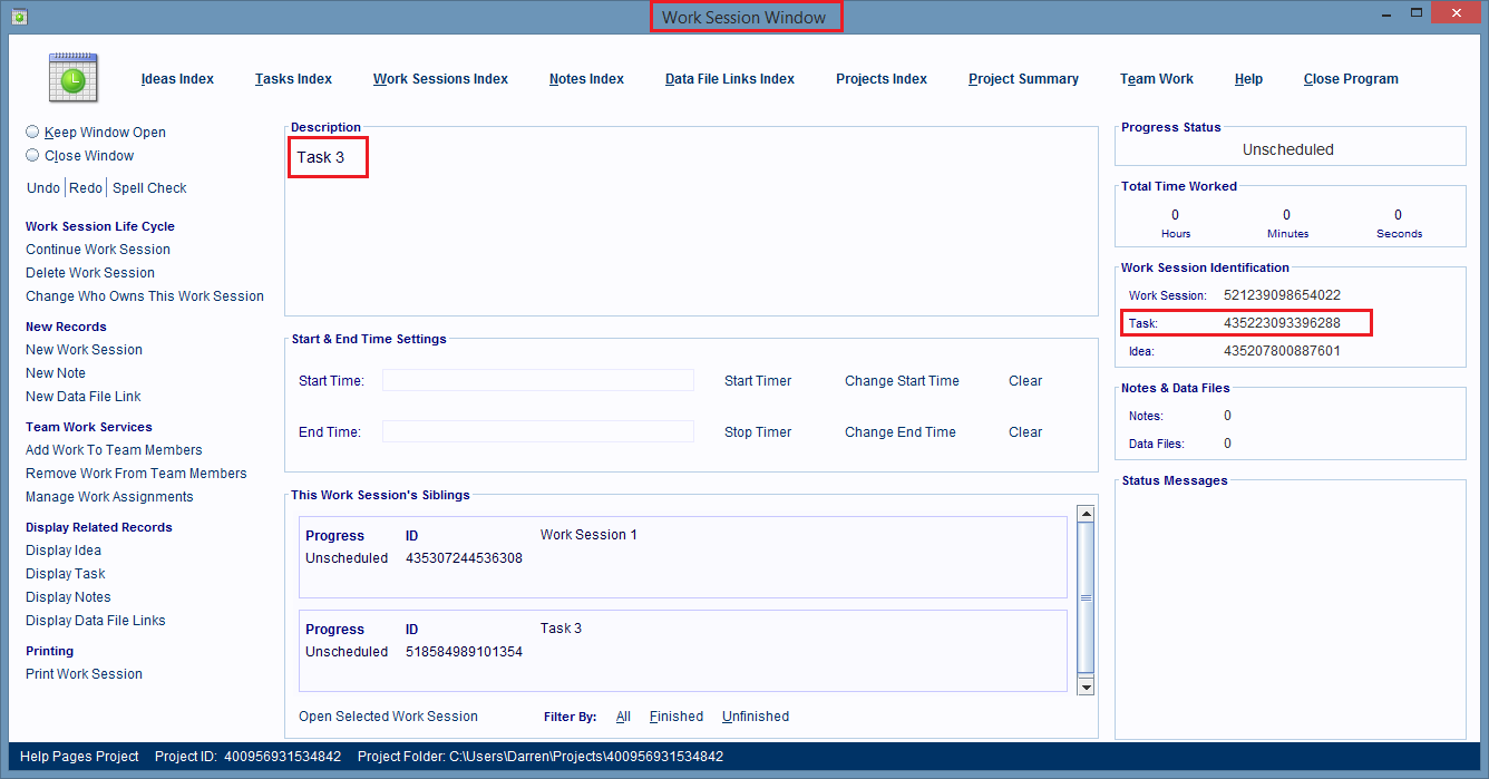 The Work Session Window is displaying the new Work Session record.