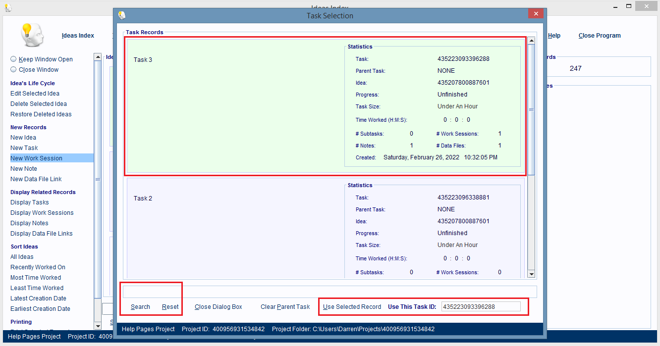 A Task Selection dialog box is being displayed so the user can 
                        pick which task should be assigned as a new Work Session record's parent task.