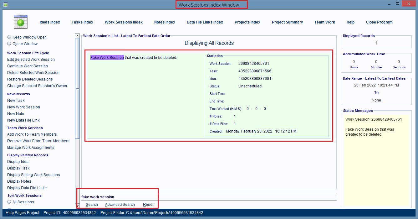 A Work Session record, displaying in the Work Sessions Index Window, is selected.