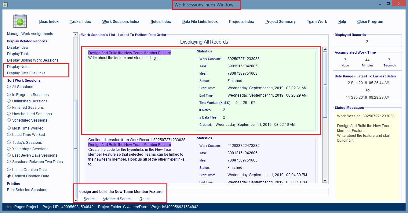 Work Sessions Index Window with the Display... hyperlinks for the work session's child records circled.