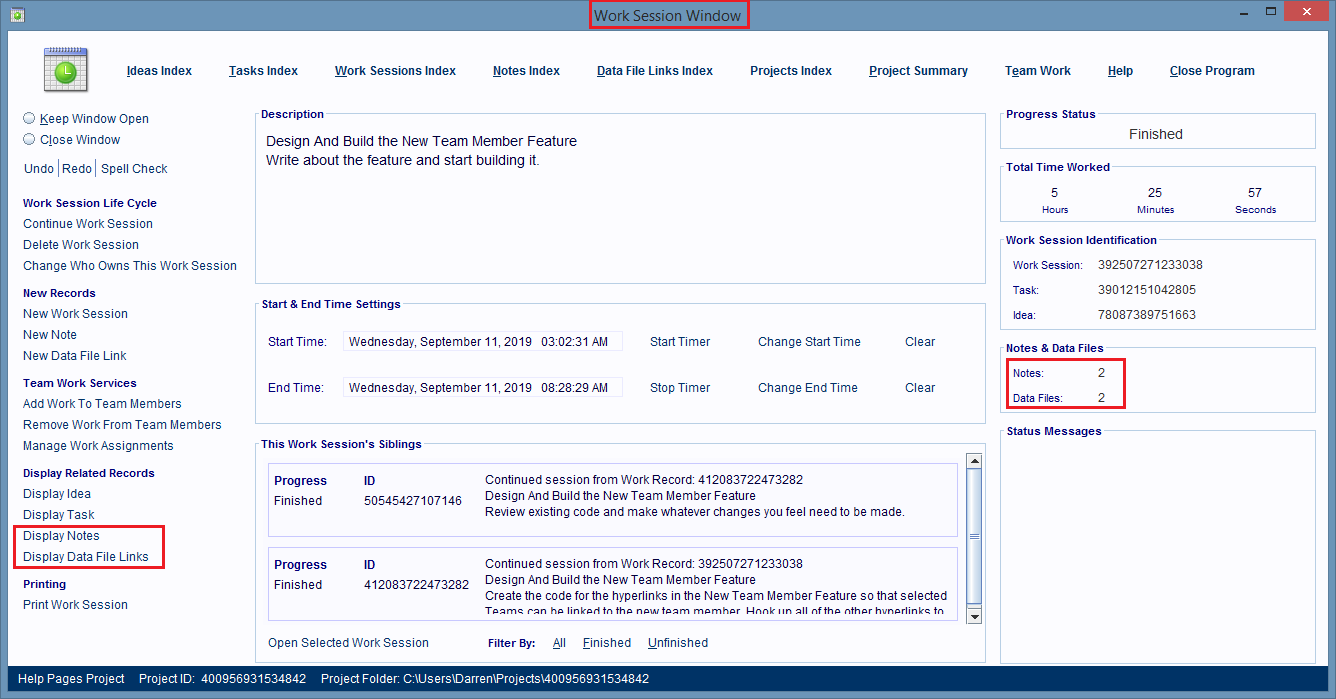 Work Session Window with the Display... hyperlinks 
                        for the work session's child records circled.